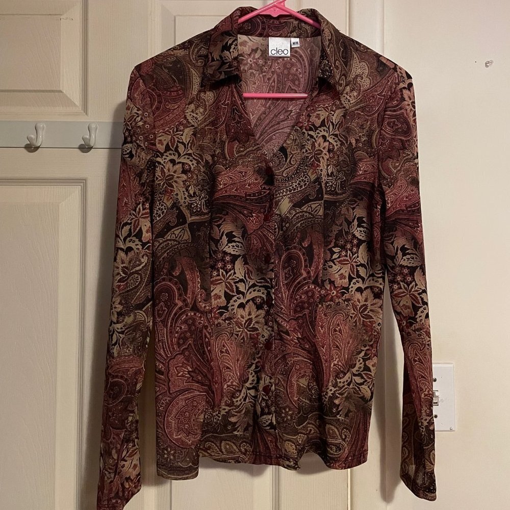 Womens Cleo Vintage Sheer Button Down Shirt Top Mixed Pattern Size Medium